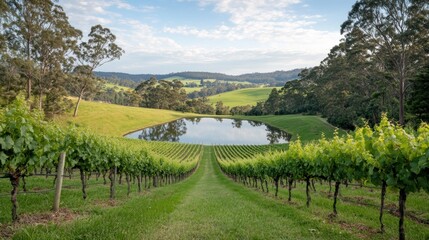 Naklejka premium Vineyard Pond Scenic Valley Landscape
