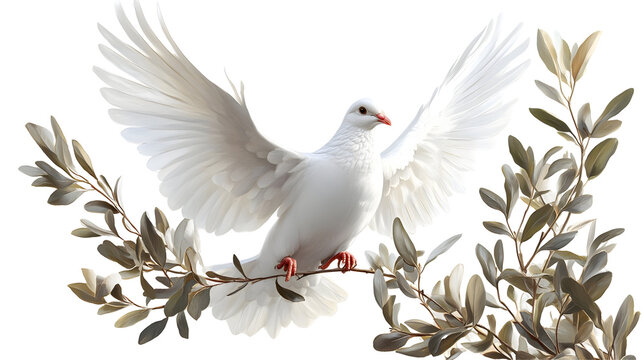 White Dove Opens Wings, Perched Gracefully on Olive Branch, Isolated on White Background