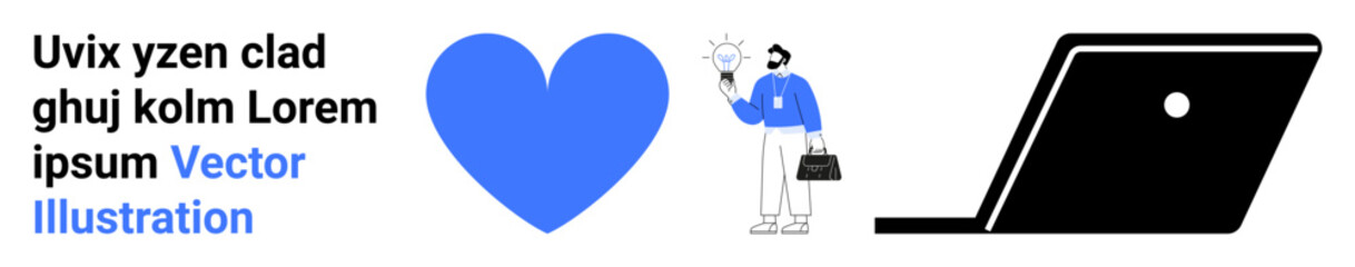 Man holding a glowing light bulb and briefcase, blue heart icon, simple black laptop. Ideal for innovation, creativity, technology, mobile applications, teamwork productivity design. Abstract line