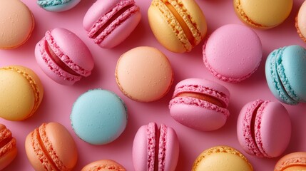 Fototapeta premium Colorful French macarons on a pastel background