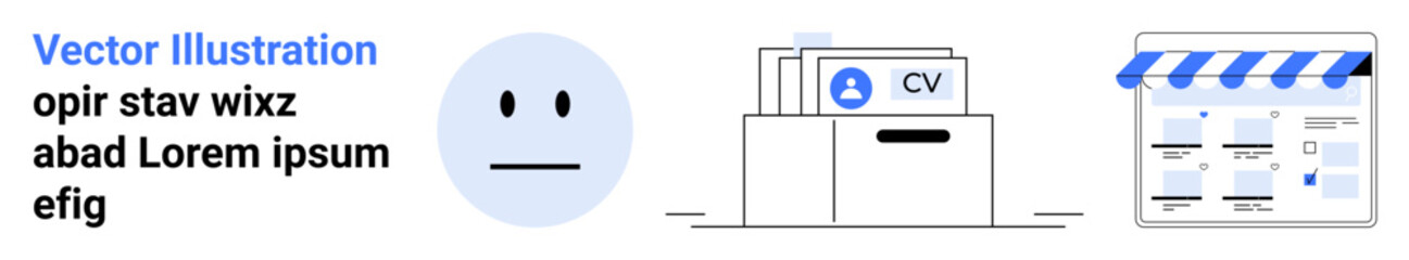 Simple face icon, folder with CV documents, and storefront interface. Ideal for job search, online recruitment, resume management, career services, digital portfolios, e-commerce business landing