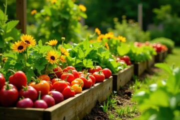 Vibrant raised garden beds overflowing with colorful vegetables and flowers , sun, tomatoes