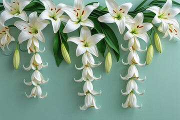 Serene White Lily Petals Falling on Soft Mint Pastel Background for Peaceful Spring Decor