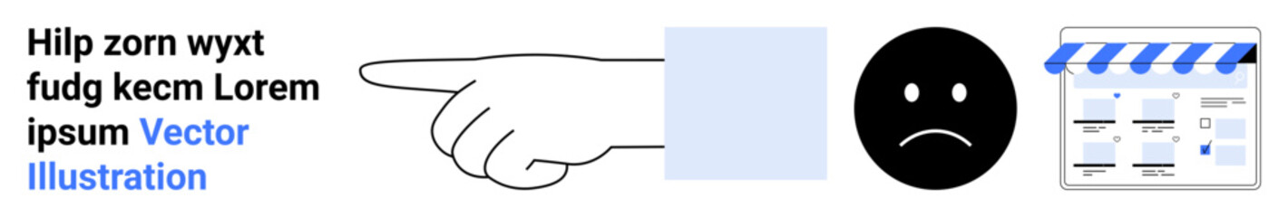 Fototapeta premium Hand pointing right, representing direction. Sad face emoticon signaling discontent. Storefront icon symbolizing online or physical stores. Placeholder text as a sample for design. Ideal