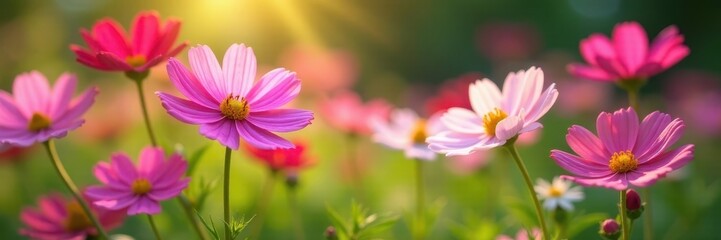 Fototapeta premium Cosmos flowers in full bloom, soft sunlight, green foliage , garden, outdoor