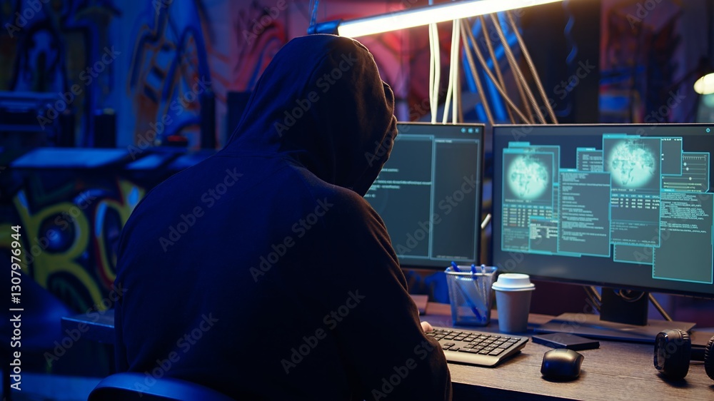 Poster evil cybercriminal in hidden base targeting vulnerable unpatched connections, getting past computer 