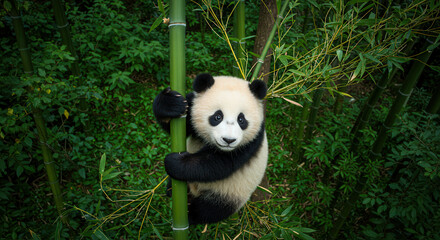 Fototapeta premium Giant Panda Climbing a Tree Amidst Bamboo and Green Foliage in Natural Habitat