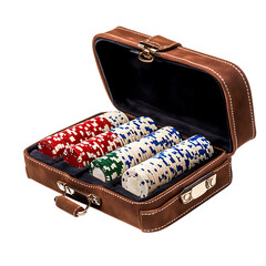 A luxury poker set with mother-of-pearl chips and suede-lined cases, isolated on a white background.