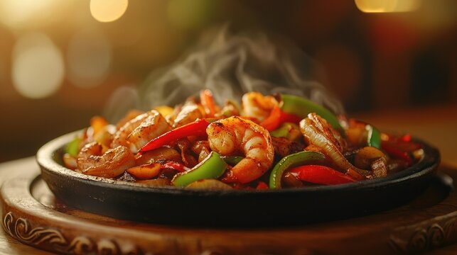 Steaming hot sizzling shrimp fajitas with bell peppers and onions on a cast iron skillet.