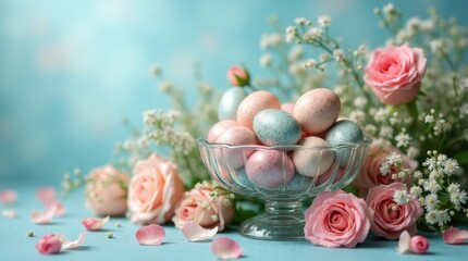 A vase of pink and white roses sits on a blue table with a bowl of eggs in it