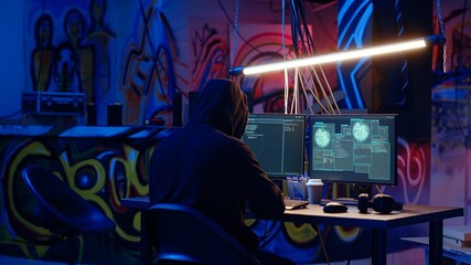Revealing shot of spy using VPN and darknet as anonymity tools to mask online identity while...