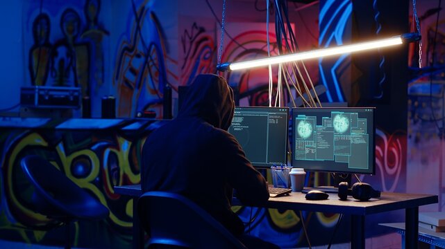 Revealing shot of spy using VPN and darknet as anonymity tools to mask online identity while stealing governmental secrets. Man in underground bunker masks his location, committing espionage, camera B