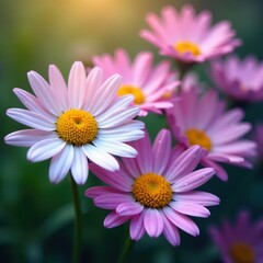 Obraz premium Vibrant daisies, dew-kissed petals, spring bloom , purple, detail, garden