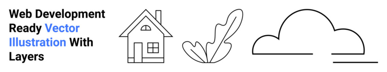 House outline with leaf and cloud, simple lines for design versatility. Ideal for web development, clean layouts, sustainability, housing projects, nature themes, tech blogs, flat landing page banner