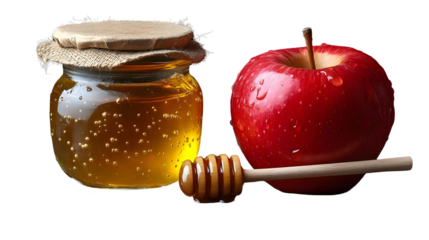 Honey Drips, Red Apple & Honey Jar Isolated on White Background