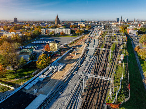 Construction site in Riga for Rail Baltica rail infrastructure project that is intended to integrate the Baltic states in the European rail network.