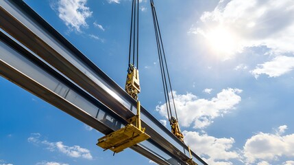 Steel beams lifted by crane, construction site, sunny day. Possible use Stock photo for construction industry projects, showcasing heavy machinery