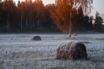 Beautiful cold autumn sunrise in meadow with hay bales