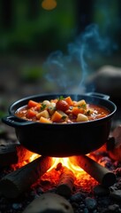 Campfire stew simmers, Dutch oven open, flames licking base, rural, vegetables, stew