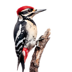 A red woodpecker clinging to a branch, isolated on a white background.