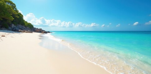 Glistening white sand, gentle waves lapping shore Clear blue sky , waves, nature, coastline
