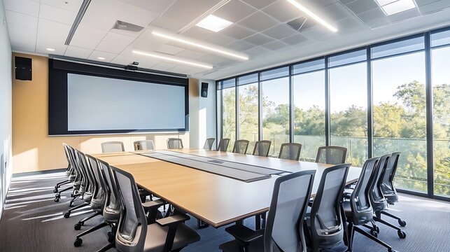 Modern conference room with a long conference table with many chairs a large screen on the wall and glass walls overlooking the office with natural light