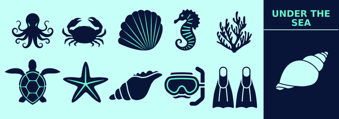 Under the sea themes icon set with octopus, sea horse, turtle, crab, oyster, sea star, shell, goggles, algae. Editable icon elements, size and color.
