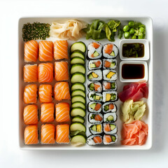 Sushi Platter Photo: A Delicious Arrangement of Salmon, Avocado, and Cucumber Rolls