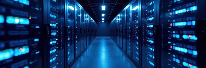 Fototapeta premium Blue-lit server racks in a darkened data center hallway, server room lighting, clean