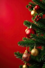 Fir branches with red berries and gold ornaments against a red background, Christmas tree, branches, decoration