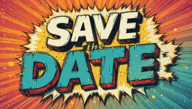 save the date word lettering on comic vintage retro pop art style background. Comic lettering save the date. bright cartoon illustration in retro pop art style. Comic text sound effects.