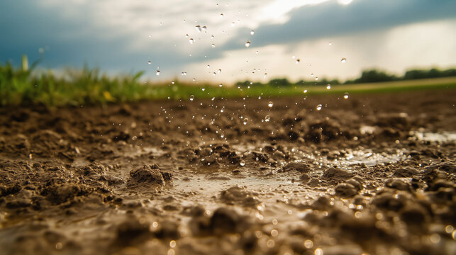 Refreshing water droplets gently hit parched farm soil, symbolizing nature&rsquo;s rejuvenation and agricultural revival process