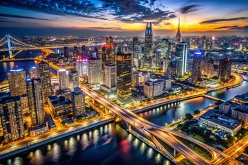 Naklejka premium Aerial Night View: Modern City Skyline, Illuminated Buildings, Urban Landscape