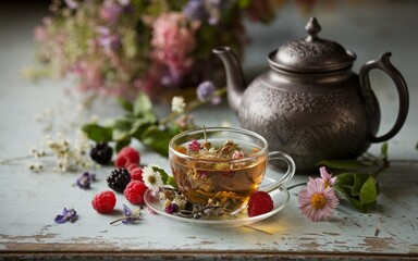 Fototapeta premium Vintage Tea Scene with Herbal Infusion, Berries, and Wildflowers on an aged, Rustic Blue Wooden Table 