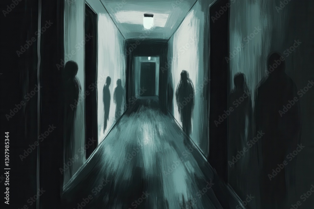 Poster creepy dark corridor with ghostly shadows and flickering lights creating a chilling atmosphere of fe