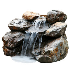 A small waterfall flowing over rocks, isolated on a white background.