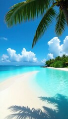 Idyllic Funadhoo beach, turquoise water, vivid blue sky , vibrant, turquoise