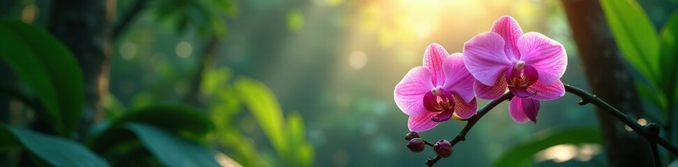 Obraz premium A backlit orchid blooms in the mist of a rainforest shower, Tropical Plants, Exotic Flowers, Greenery