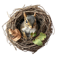 A squirrel nest made of twigs and leaves, isolated on a white background.