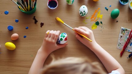 Children's Hands Painting Colorful Easter Eggs on a Wooden Table