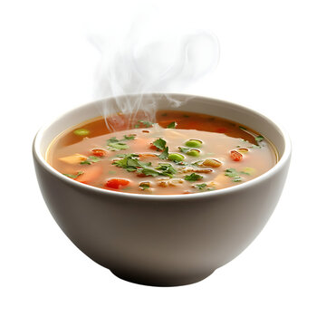 A steaming bowl of soup isolated on white