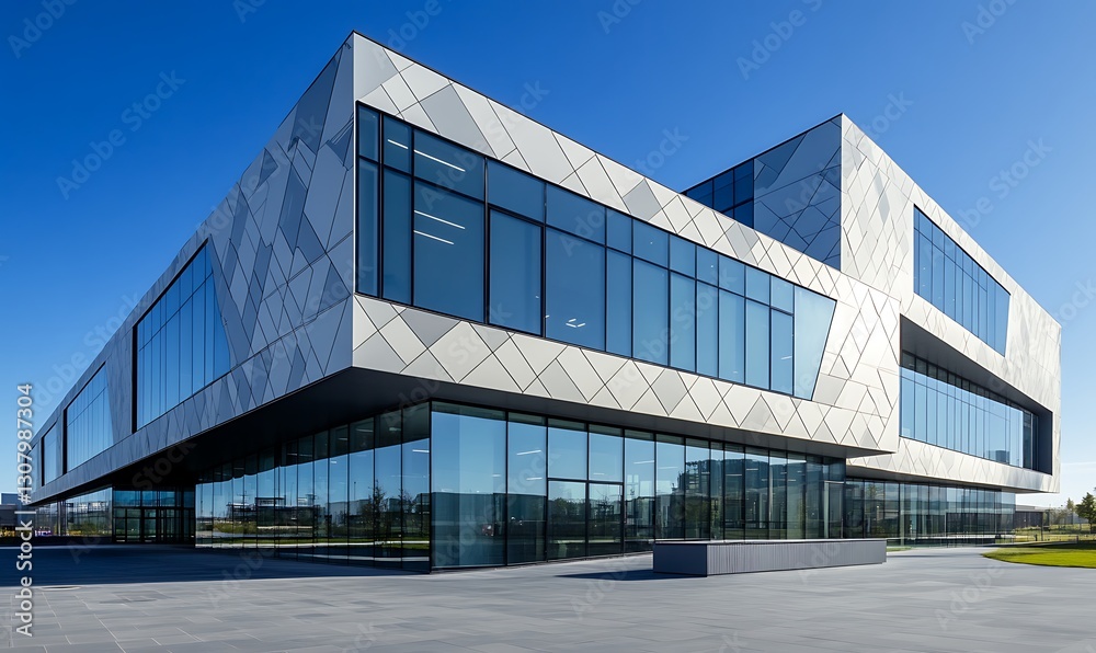 Aufkleber modern architectural building with large glass windows and a unique facade under a clear blue sky.