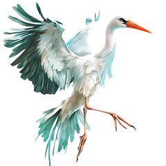 A stork carrying a glowing crystal sphere, isolated on a white background.