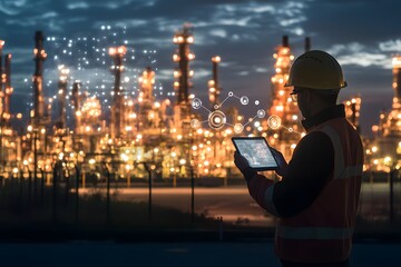 Industrial Worker Using Tablet Night Refinery Smart Technology Data Analysis