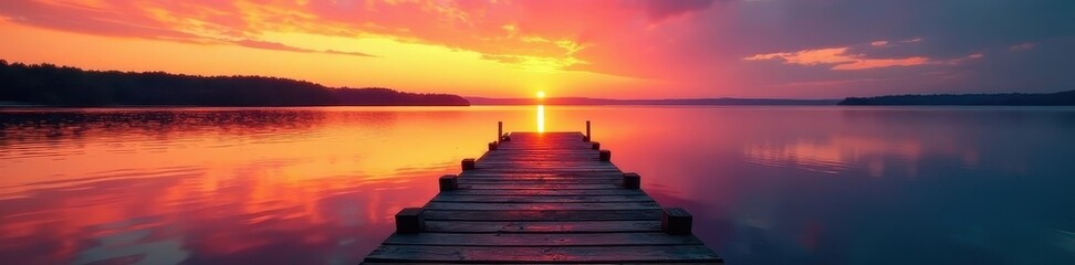 Rustic dock at sunset, water reflecting vibrant colors, calm, pink