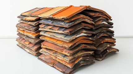 Carefully arranged roofing tiles on a bright white backdrop, showcasing precision craftsmanship in architectural design