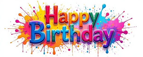 Vibrant paint splatter "happy birthday" message on white background, celebration, typography, vibrant