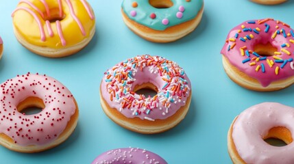Colorful donuts with sprinkles on a pastel blue background