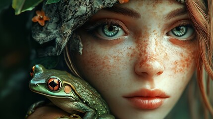 Obraz premium Frog and Girl Portrait with Nature Details