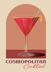 Retro cocktail poster. Minimalistic contemporary flyer with delicious refreshing alcoholic drink. Cosmopolitan beverage for summer aperitif. Realistic cartoon vector illustration